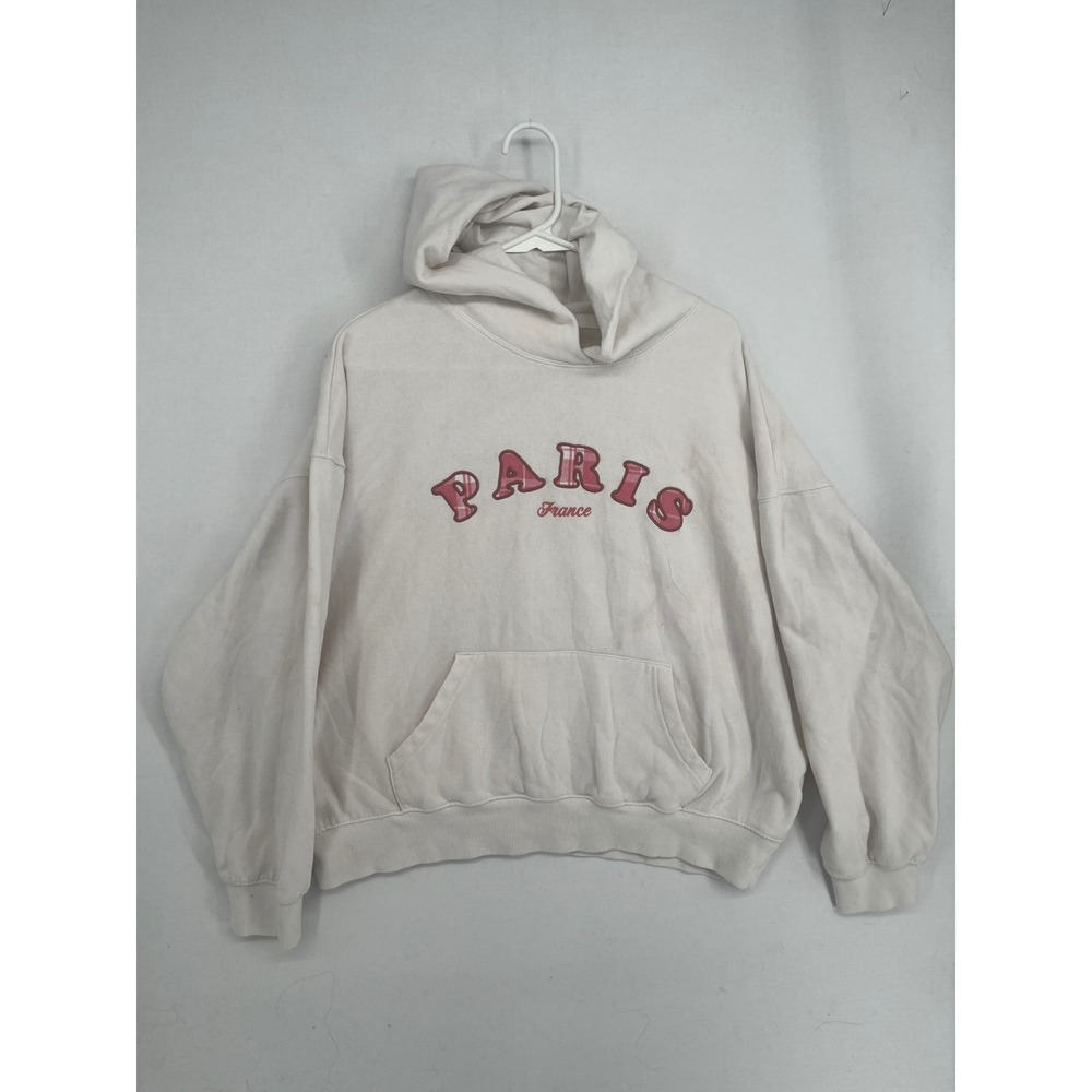 Aeropostale Paris France Graphic Hoodie Sweatshirt Off-White Pink Plaid Large